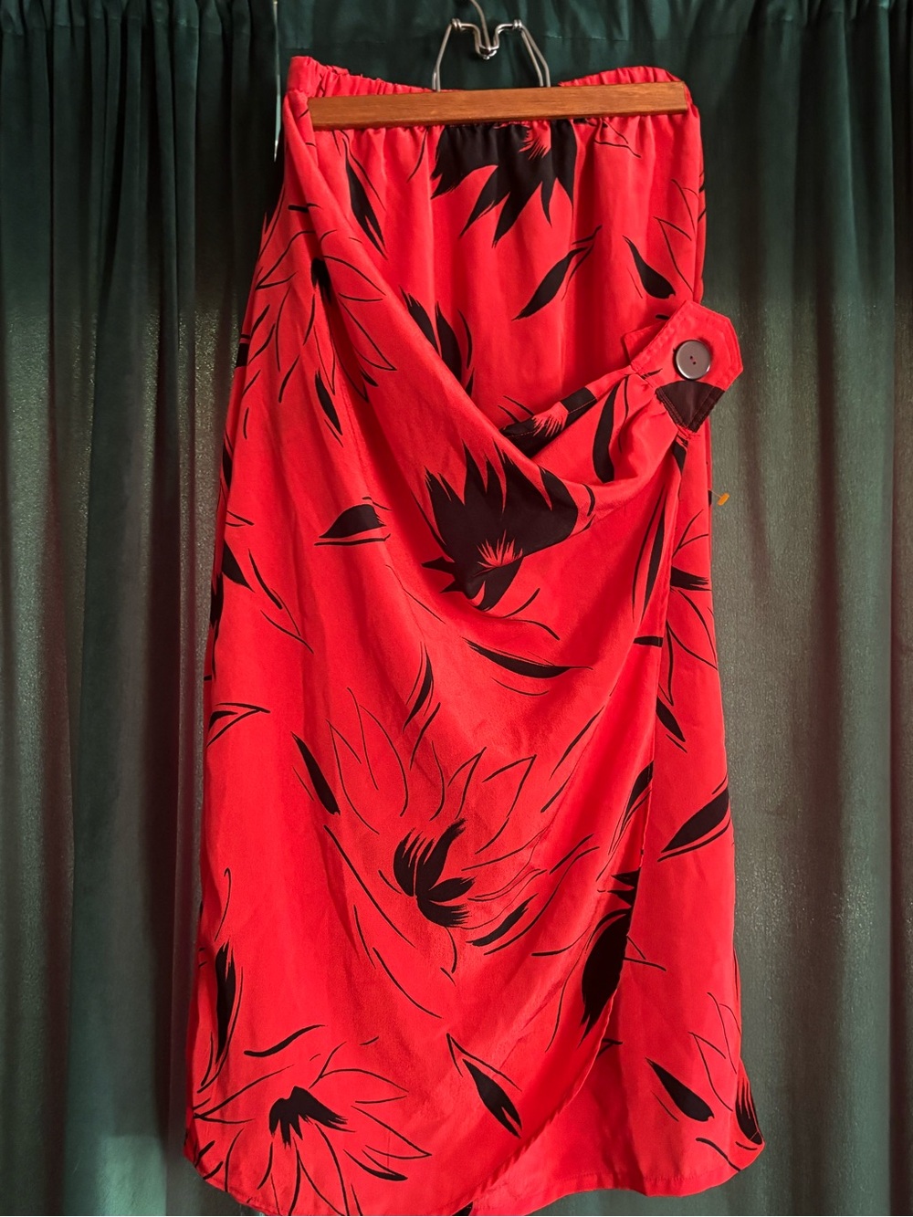 Vintage Red Wrap Skirt with Black Floral Print